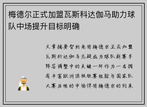 梅德尔正式加盟瓦斯科达伽马助力球队中场提升目标明确
